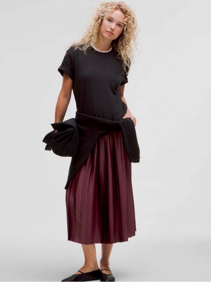 Lululemon Satin Pleated Midi Skirt, Garnet, Size Medium